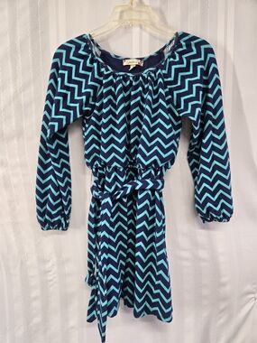 SPEECHLESS GIRLS Chevron Belted Long Sleeve Dress in Teal & Navy SIZE 8